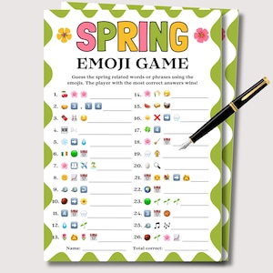 May include: A vibrant "Spring Emoji Game" sheet with a green and white border, featuring emoji-based puzzles. The sheet includes the title "Spring Emoji Game" and instructions. A black pen with gold accents rests on the sheet, ready for use.