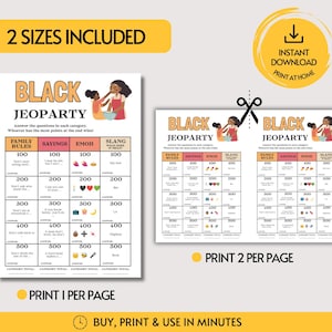 May include: A printable Black Jeopardy game sheet featuring categories like Family Rules, Sayings, Emoji, and Slang. The design includes an illustration of two people cooking, point values from 100 to 500, and text instructions for gameplay.