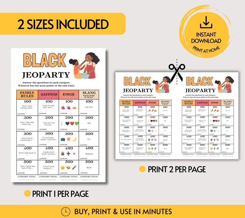 May include: A printable Black Jeopardy game sheet featuring categories like Family Rules, Sayings, Emoji, and Slang. The design includes an illustration of two people cooking, point values from 100 to 500, and text instructions for gameplay.