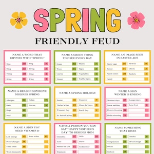 春のフレンドリーな対戦ゲーム、子供と大人向けの印刷可能な春のパーティーゲーム、家族向けの春の対戦ゲーム、春のトリビアクイズ、春のオフィスゲーム