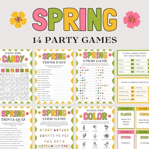 May include: A set of 14 spring party games, featuring trivia, emoji, and code games. The word "SPRING" is written in large, colourful letters. Floral illustrations and game instructions are included.