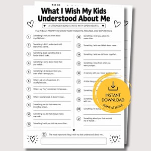 Può includere: Un documento stampabile in bianco e nero intitolato What I Wish My Kids Understood About Me, contenente ventidue suggerimenti di scrittura numerati, illustrazioni di cuori e un badge giallo con un'icona di download e il testo INSTANT DOWNLOAD PRINT AT HOME.