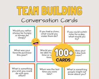 May include: A set of Team Building Conversation Cards featuring a grid of white rectangular cards with colorful borders. Each card contains a unique question. A yellow circle with the text 100+ CARDS and a laughing emoji icon are visible.