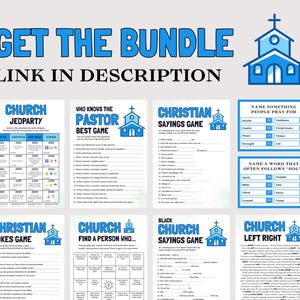 May include: A bundle of printable church-themed games, including Church Jeopardy, Christian Sayings Game, and more. The games feature blue and white graphics with text like "Get the Bundle" and "Link in Description."