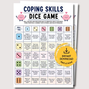 May include: A white paper sheet titled Coping Skills Dice Game with a grid of coloured dice icons and text prompts. The header features two pink brain illustrations. A yellow circular badge with a download icon and text reads Instant Download.