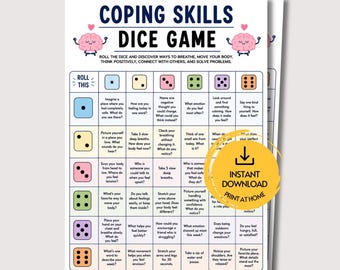 May include: A white paper sheet titled Coping Skills Dice Game with a grid of colored dice icons and text prompts. The header features two pink brain illustrations. A yellow circular badge with a download icon and text reads Instant Download.