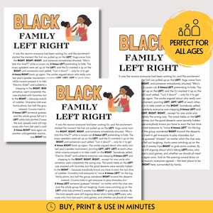 May include: Three printed game sheets titled BLACK FAMILY LEFT RIGHT featuring a story about a family reunion. Each sheet includes an illustration of two people cooking together and a yellow circular badge with a family icon and the text PERFECT FOR ALL AGES. The bottom includes the text BUY, PRINT & USE IN MINUTES.
