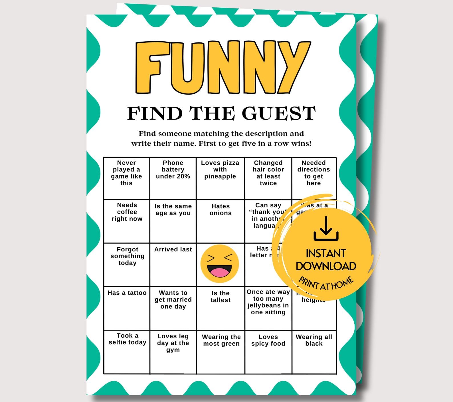 Funny Find the Guest Bingo, Fun Printable Ice Breaker Game for