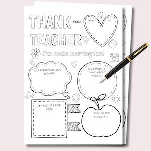 Danke Lehrer Karte für Lehrer druckbar, Danke Lehrer Malseite, Vorschule färbbare Karte für Lehrer Wertschätzung Geschenk