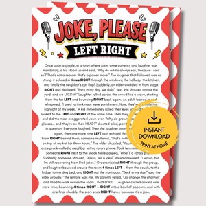 Puede incluir: Una hoja de juego imprimible titulada JOKE, PLEASE LEFT RIGHT con bordes festoneados rojos y blancos. El texto presenta una historia con micrófonos, rayos y estrellas. Una insignia circular amarilla dice INSTANT DOWNLOAD PRINT AT HOME.