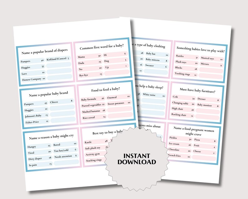 Cazhes Baby Shower Games - Pink Family Feud Game Cards Set Of 30, 5x7 Inch Cards For Gender Reveal & Party Decor