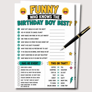 May include: A white birthday party game sheet titled FUNNY WHO KNOWS THE BIRTHDAY BOY BEST? with ten numbered questions, a Has He Ever checklist, and a This or That section. The sheet features yellow emojis, a black pen, and colorful icons.