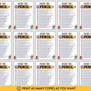 Puede incluir: Una cuadr&iacute;cula de quince tarjetas de juego id&eacute;nticas tituladas PASS THE PENCIL, con un gr&aacute;fico de l&aacute;piz amarillo y doce instrucciones numeradas que riman para una actividad de fiesta. Cada tarjeta incluye texto colorido e ilustraciones de &uacute;tiles escolares.