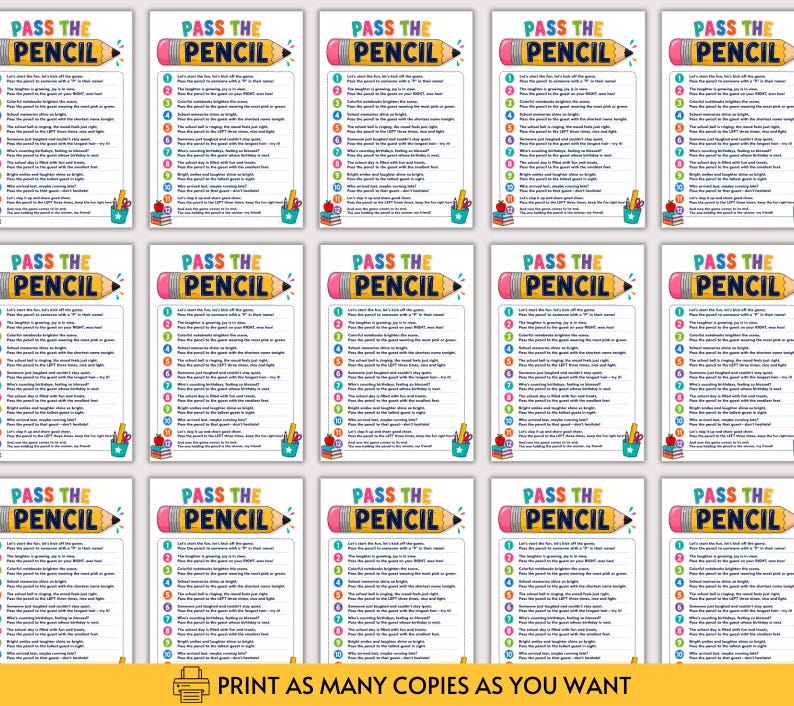Puede incluir: Una cuadr&iacute;cula de quince tarjetas de juego id&eacute;nticas tituladas PASS THE PENCIL, con un gr&aacute;fico de l&aacute;piz amarillo y doce instrucciones numeradas que riman para una actividad de fiesta. Cada tarjeta incluye texto colorido e ilustraciones de &uacute;tiles escolares.