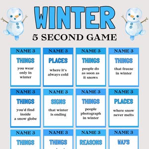 Juego de invierno de 5 segundos, divertido juego de invierno para adultos y niños, juego de fiesta de invierno en grupo, actividad de invierno para la oficina, juego de pensar rápido de invierno, piensa rápido