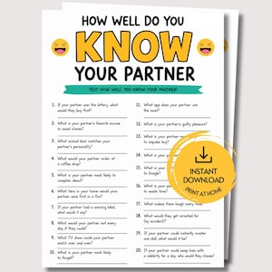 May include: A white paper game sheet titled HOW WELL DO YOU KNOW YOUR PARTNER with two laughing emojis, a teal accent bar, and twenty numbered questions. A yellow circular badge on the right side displays the text INSTANT DOWNLOAD PRINT AT HOME.