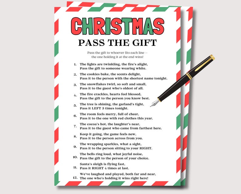 Pass the Gift, Fun Christmas Game for Adults Kids, Pass The Prize Poem, Gift Exchange Game, Office Christmas Party Game, Pass the Present