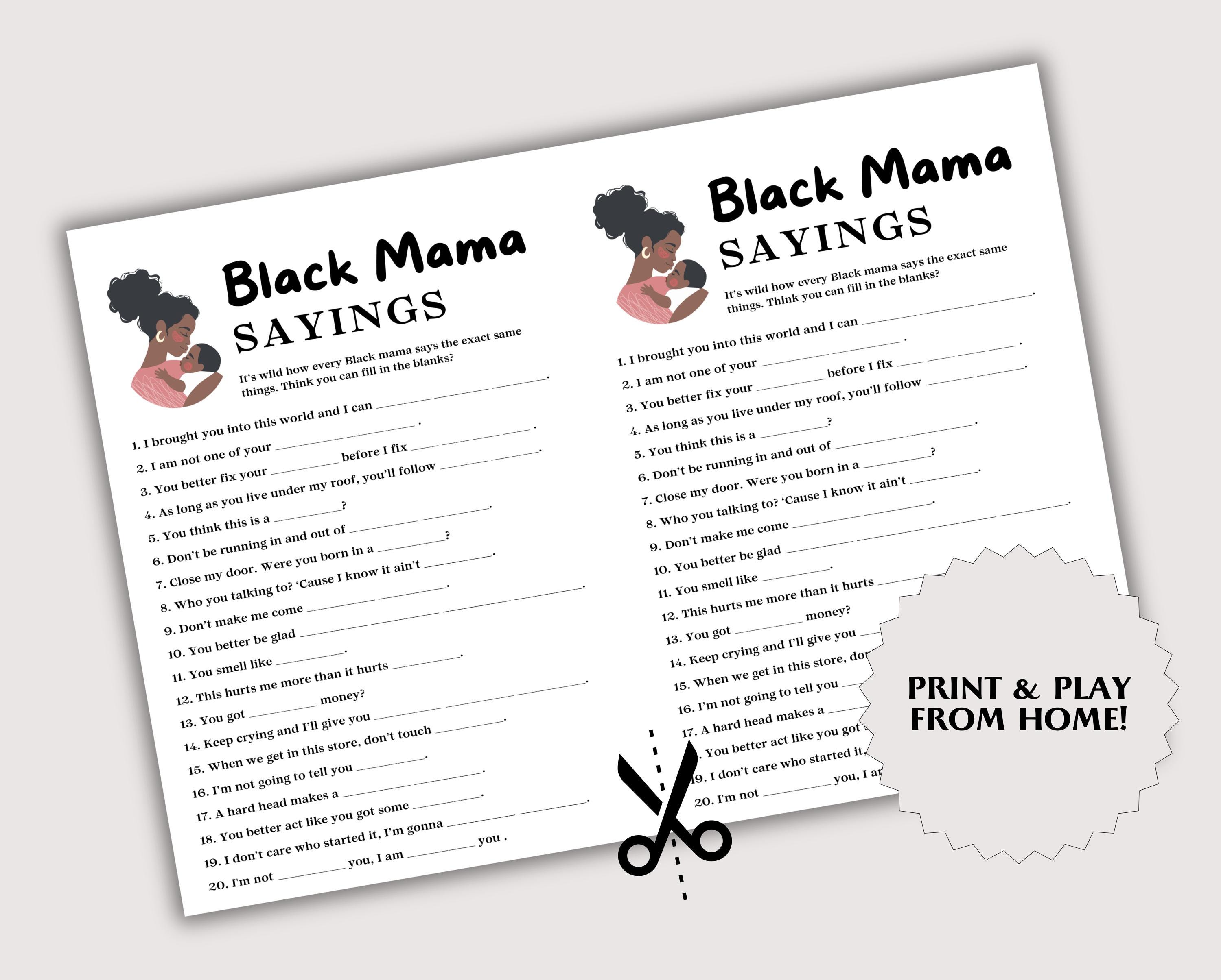 Black Mama Sayings Game, Black Baby Shower Game, Fun Baby Shower Game ...