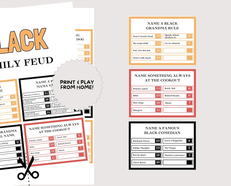 May include: A printable Black Family Feud game sheet featuring multiple question cards with point values. The text includes categories like Name a Black Grandma Rule, Name Something Always at the Cookout, and Name a Famous Black Comedian, with a central badge stating PRINT & PLAY FROM HOME!