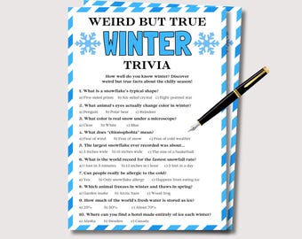 May include: A trivia game sheet titled "Weird But True Winter Trivia" with questions about winter facts. The sheet has a blue and white snowflake border and is accompanied by a black and gold pen.