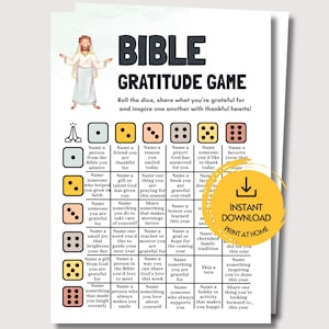 May include: A Bible Gratitude Game printable sheet featuring a cartoon figure of Jesus, the title text, and a grid of prompts corresponding to dice rolls from one to six. A yellow circular badge with a download icon and text is overlaid on the right.