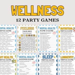Op de afbeelding: Een verzameling van 12 wellness-partyspellen, waaronder trivia- en dobbelspellen, met titels als "Mentale gezondheid", "Gevoelens" en "Voeding". De spellen hebben kleurrijke ontwerpen en zijn ontworpen om welzijn te bevorderen.