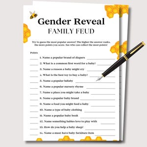 Baby Shower Family Feud Game, Friendly Feud Gender Reveal Game, Baby Family Feud Game, Bee Gender Reveal Games Printable, Baby Sprinkle Game