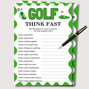 May include: A white game sheet with a green border and the word "GOLF" in large green letters. The sheet includes fill-in-the-blank questions about golf. A black pen with gold accents rests on the sheet.