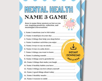 Mental Health Name 3 Game, Printable Mental Health Game for Adults & Teens, Mental Health Think Fast Group Game, Mental Health Activity