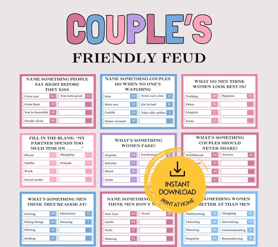 Couples Feud Questions, Fun Printable Couple Game Family Feud for Couple Game Night, Friendly Feud Couples Date Game Icebreaker Trivia Quiz