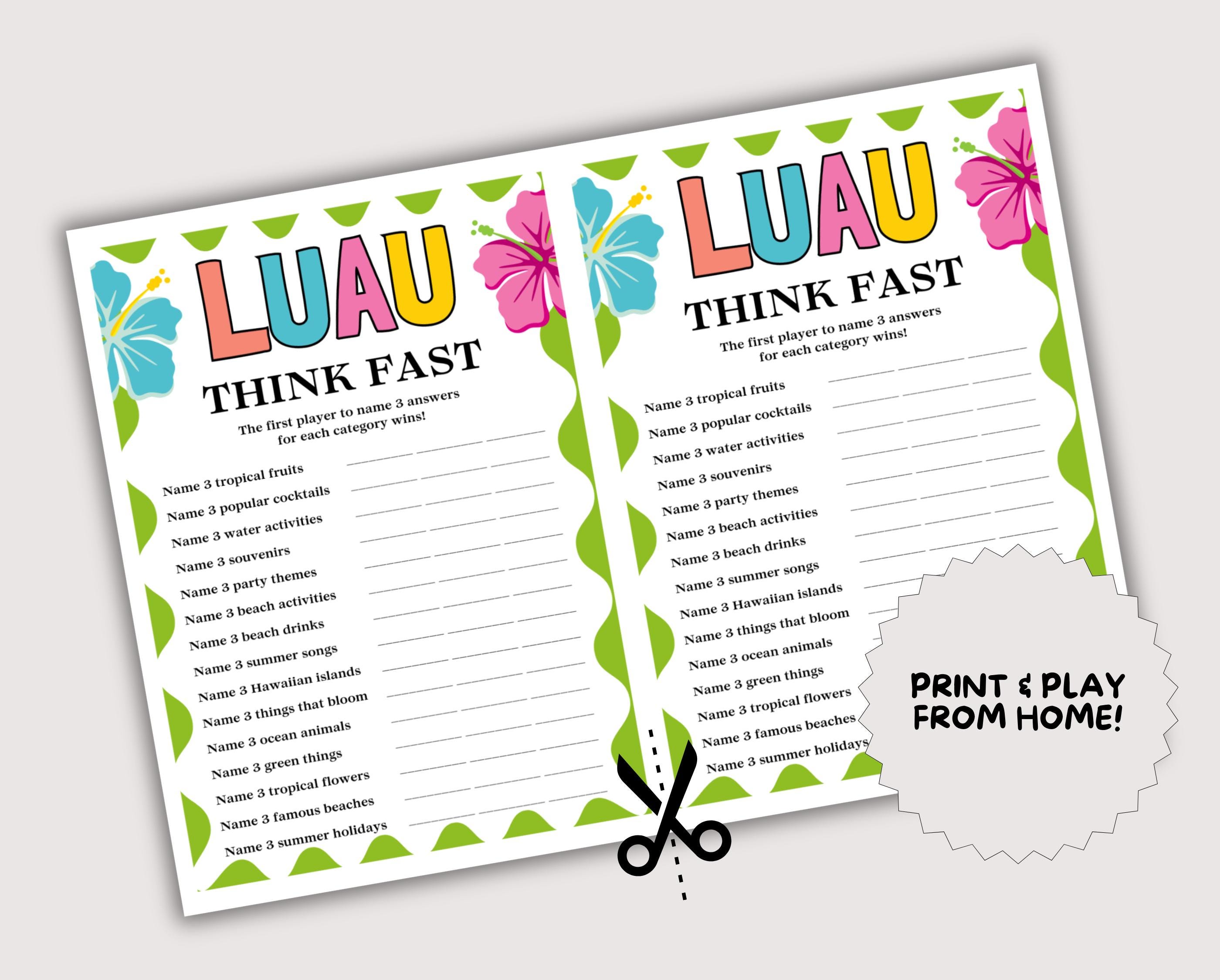 Luau Think Fast Game, Fun Printable Luau Game for Adults, Luau Party ...
