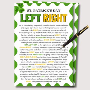May include: A St. Patrick's Day greeting card with a green and white border, featuring the words "LEFT RIGHT" in large, colorful letters. The card includes a poem about leprechauns and luck, with a black pen resting on the card.