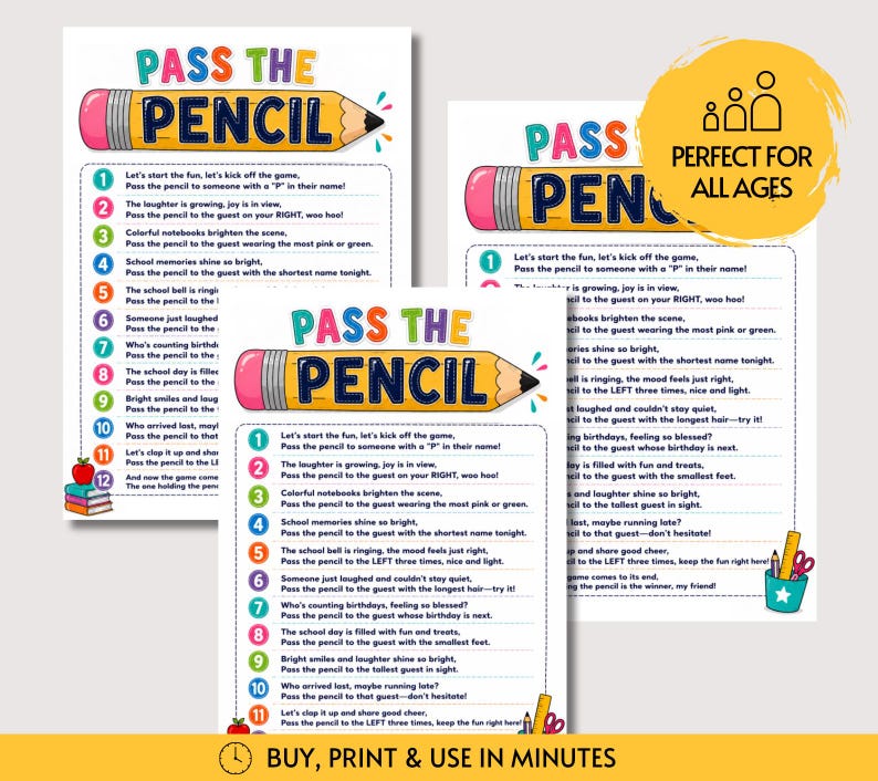 Pass the Pencil, Fun Printable Classroom Game for Students & Teachers, First Day of School Activity for Kids, Teacher Back to School Game