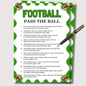 May include: A green and white football-themed party game sheet titled "FOOTBALL PASS THE BALL". The sheet includes instructions for a party game, with football graphics. A black and gold pen rests on the sheet.