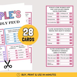 May include: A set of printable game cards titled Couple's Friendly Feud, featuring 28 cards with survey-style questions and point values. The cards have pink and blue borders, white backgrounds, and black text. A yellow circle displays 28 CARDS.
