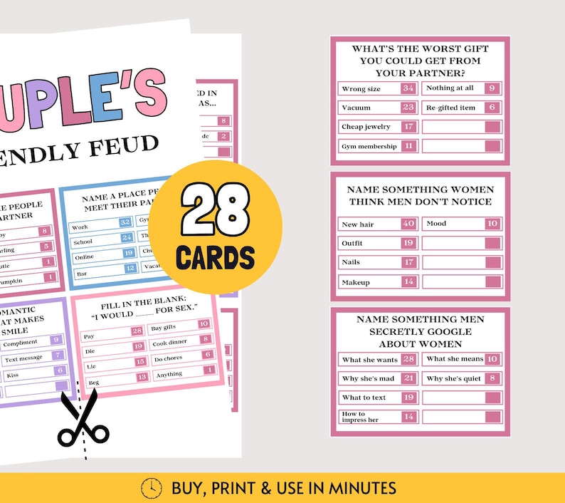 May include: A set of printable game cards titled Couple's Friendly Feud, featuring 28 cards with survey-style questions and point values. The cards have pink and blue borders, white backgrounds, and black text. A yellow circle displays 28 CARDS.