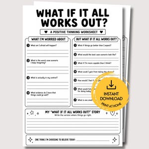 Może przedstawiać: Czarno-biały arkusz do druku zatytułowany WHAT IF IT ALL WORKS OUT? A POSITIVE THINKING WORKSHEET. Zawiera sekcje dotyczące zmartwień, pozytywnego myślenia, miejsce na historię oraz przestrzeń na zapisanie jednego przekonania na dany dzień.
