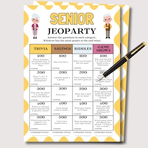 May include: A Senior Jeoparty trivia game sheet with a yellow wavy border, featuring cartoon illustrations of an elderly person on each side. The grid contains categories like Trivia, Sayings, Riddles, and Game Shows with point values and questions. A black and gold pen rests diagonally across the paper.