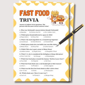 Fast Food Trivia Spiel, druckbares Fast Food Quiz, Trivia Spiel für Kinder Erwachsene, Spiele für Senioren, Familienspiel Filmabend, Teambildungsspiele