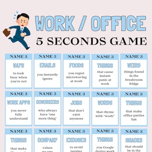 May include: A light blue game board titled "WORK / OFFICE 5 SECONDS GAME" with a cartoon of a man running with a briefcase. The game includes categories like "WAYS", "EMAILS", and "FOODS".