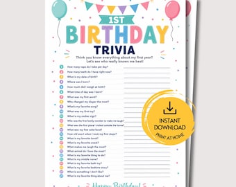 Quiz de Aniversário de 1 Ano: Jogo Divertido e Imprimível para Convidados da Festa de Aniversário de 1 Ano, Festa de Um Ano para Menina ou Menino, Quiz de Aniversário de 1 Ano