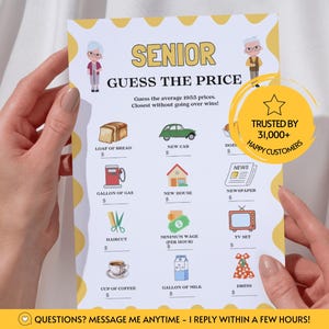 Peut inclure: Une feuille de jeu blanche intitul&eacute;e SENIOR GUESS THE PRICE avec des bordures festonn&eacute;es jaunes. Elle pr&eacute;sente des illustrations d'articles comme du pain, une voiture, de l'essence, une maison, un journal, une coupe de cheveux, de l'argent, une t&eacute;l&eacute;, du caf&eacute;, du lait et une robe avec des lignes vides pour les montants.