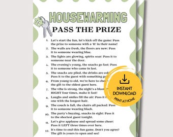 May include: A housewarming pass the prize game card with a light green scalloped border, a house key icon, and twelve numbered instructions. The text includes the title HOUSEWARMING PASS THE PRIZE and a yellow circular instant download badge.