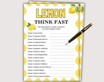 Lemon Think Fast Game, Fun Lemon Party Game for Adults Kids, Lemon Theme Activity, Lemon Shower Idea, Printable Lemon Birthday Party Game