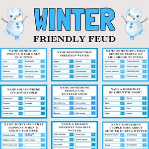 May include: A winter-themed game board titled "Friendly Feud" with a snowman illustration. The board presents winter trivia questions and answer options, ideal for a fun winter activity.