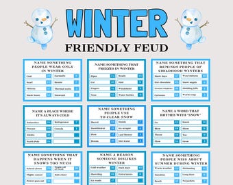 May include: A colorful game board titled "Winter Friendly Feud" with a snowman graphic. The board features various winter-themed trivia questions and answer options, perfect for a fun winter activity.