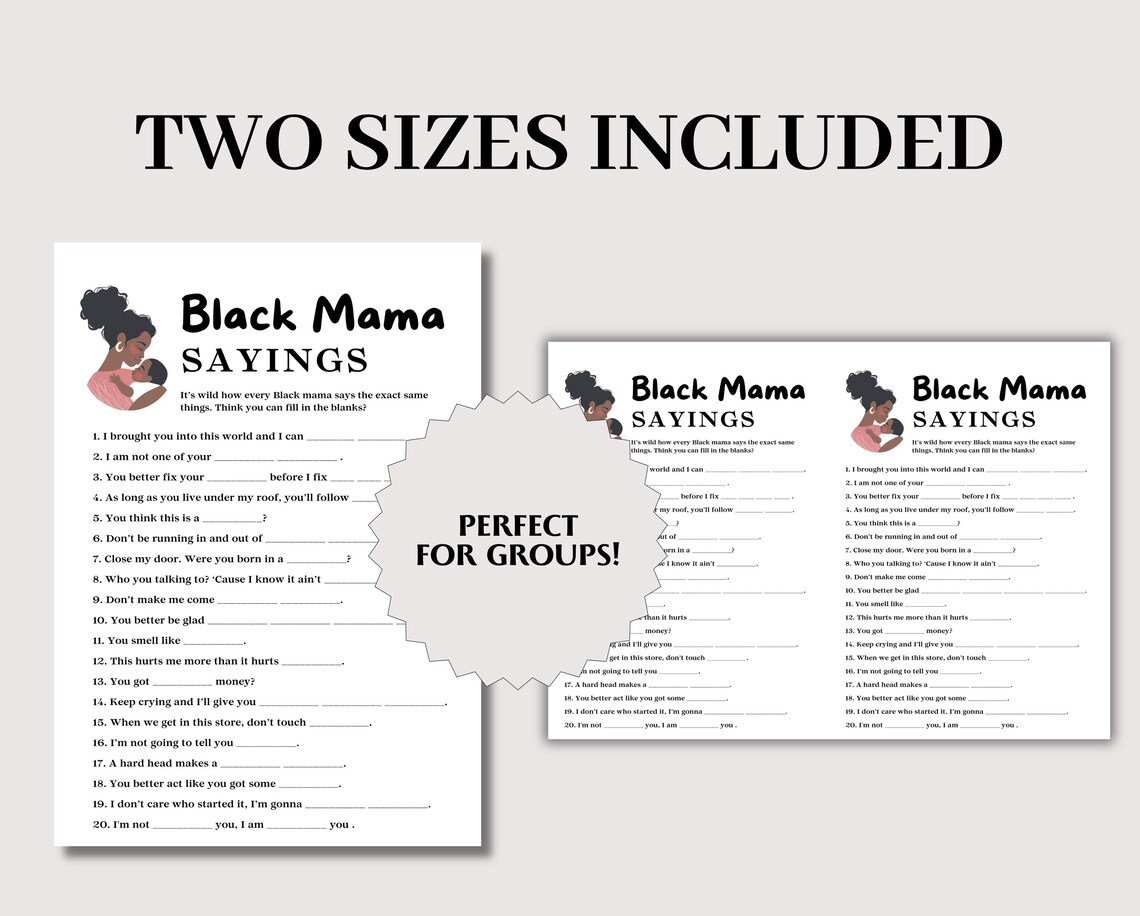 Black Mama Sayings Game, Black Baby Shower Game, Fun Baby Shower Game ...