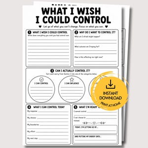 Op de afbeelding: Een wit werkblad getiteld What I Wish I Could Control met zwarte tekst en schrijflijnen. Het bevat vijf secties voor zelfreflectie over controle en loslaten, met een geel, rond downloadpictogram in de rechterbenedenhoek.