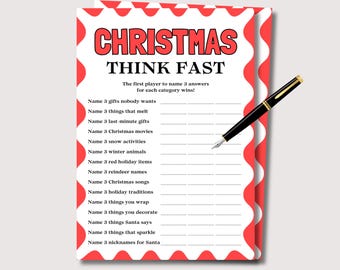 Christmas Think Fast Game, Fun Christmas Game for Adults Kids, Family Christmas Trivia Quiz, Office Christmas Party Game, Think Quick Game