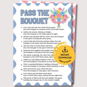 May include: A Pass the Bouquet game card with a blue scalloped border and a floral illustration. The text includes the title and twelve rhyming instructions for the game. A yellow circular badge features a download icon and the text INSTANT DOWNLOAD PRINT AT HOME.
